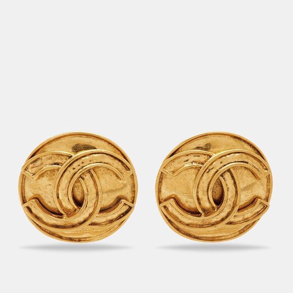 Chanel Cc Gold Tone Round Clip-On Stud Earrings
